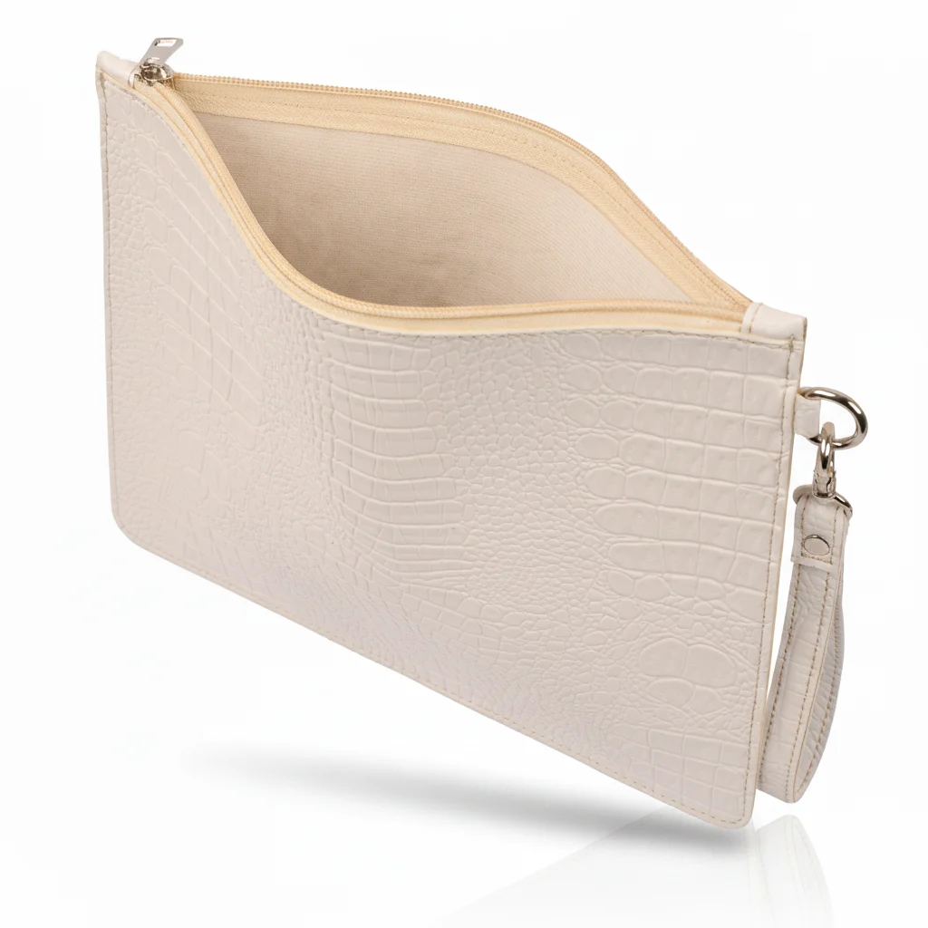 Front view of croc white vegan leather laptop sleeve.